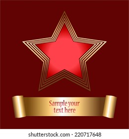 Vector illustration of Red star. Golden ribbon. Red background