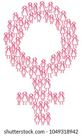 Vector illustration of red stick figures standing in shape of female gender symbol isolated on white background