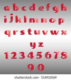 Vector illustration of red strawberry alphabet and numbers on te metallic background