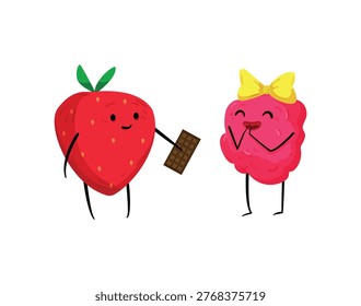 Vector illustration of a red strawberry giving a chocolate bar to a pink raspberry with a yellow bow.