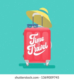 Vector illustration. Red suitcase with a beautiful inscription  On the suitcase hangs a straw hat."Time to Travel" handwritten lettering. Flat design. 