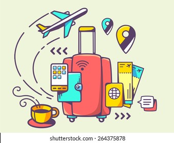 Vector illustration of red suitcase and travel accessories on light background. Hand draw line art design for web, site, advertising, banner, poster, board and print.
