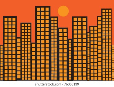 vector illustration with red sunset in the city and skyscrapers silhouettes