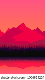 vector illustration of  red sunset glow and mountains surrounded with pine forest. nature landscape