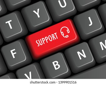 Vector illustration of red SUPPORT key on keyboard with earphones icon