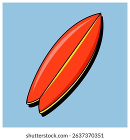A vector illustration of a red surfboard set against a blue background
