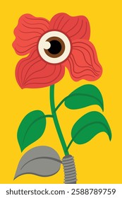 Vector illustration of a red surreal flower with an eye in the center and green leaves on a bright yellow background.