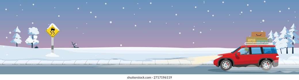 Vector illustration of a red SUV with luggage driving on a snowy winter road at night. Slippery road sign on snow. Background of hills and falling snow. Travel concept for banner.