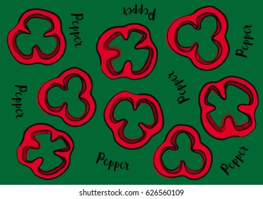 Vector illustration Red Sweet Chili Pepper on a green background and calligraphic inscription Â«PepperÂ»