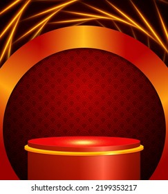Vector illustration red swirl lines shine background with sparkle stage podium for design
