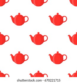 Vector illustration of red teapot, seamless pattern. Pottery fictile, clay teakettle. Made in cartoon flat style