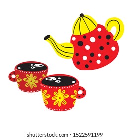 Vector illustration with red teapot and two cups of tea. Illustration in a flat style for your design.