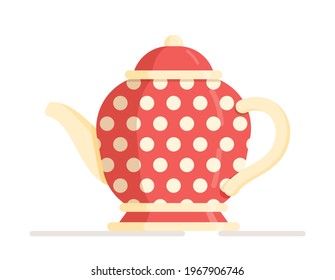 Vector illustration of a red teapot with white speckles. Cute ceramic colored teapot isolated on white background.