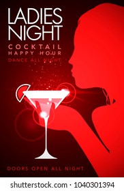 Vector illustration red template party event happy hour ladies night flyer design with cocktail glass