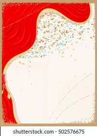 Vector illustration of a red theater curtain with color confetti on a retro background. Vintage 
card with a grunge texture. Old paper background. Design element