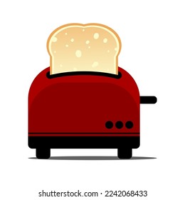 Vector illustration: a red toaster with freshly toasted bread slices on white background