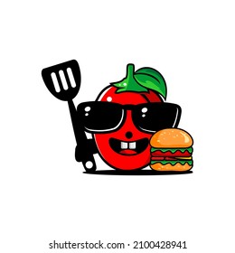 vector illustration of red tomato and burger, cute fruit character