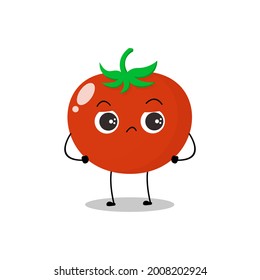 Vektorgrafik von rotem Tomatenscharakter mit süßem Ausdruck, wütend, bestürzt, traurig, lustig, Tomate einzeln auf weißem Hintergrund, schlichter Minimalstil, frisches Obst für die Maskottkollektion, Emoticon