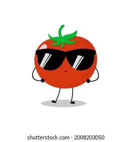 Vector illustration of red tomato character with cute expression, stylist, sunglasses, funny, tomato isolated on white background, simple minimal style, fresh fruit for mascot collection, emoticon
