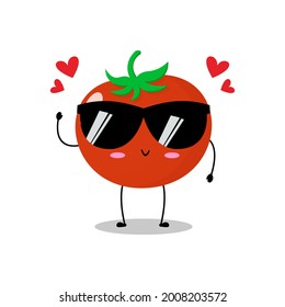 Vector illustration of red tomato character with cute expression, lovely, sunglasses, funny, tomato isolated on white background, simple minimal style, fresh fruit for mascot collection, emoticon