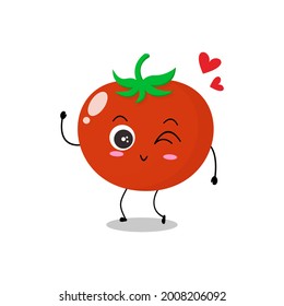 Vector illustration of red tomato character with cute expression, happy, lovely wink, funny, tomato isolated on white background, simple minimal style, fresh fruit for mascot collection, emoticon