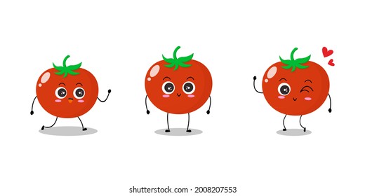 Vector illustration of red tomato character with various cute expression, funny, lovely tomato isolated on white background, simple minimal style, fresh fruit for mascot collection, emoticon