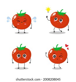 Vector illustration of red tomato character with various cute expression, cool, fun, set of tomato isolated on white background, simple minimal style, fresh fruit for mascot collection, emoticon