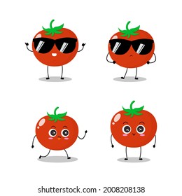 Vector illustration of red tomato character with various cute expression, cool, funny, set of tomato isolated on white background, simple minimal style, fresh fruit for mascot collection, emoticon