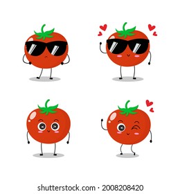 Vector illustration of red tomato character with various cute expression, cool, fun, set of tomato masco isolated on white background, simple minimal style, fresh fruit for collection, emoticon
