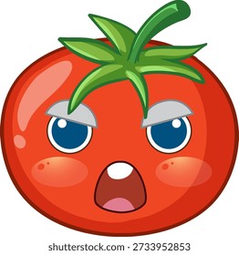 Ilustración vectorial de un personaje de tomate rojo con una cara enojada y la boca abierta