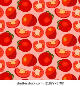 Vektorgrafik einer roten Tomate. Schneiden Sie die Tomate, Tomatenscheiben und Tomatensamen. Cartoon-Gemüsesatz aus Elementen, Muster auf rosafarbenem Hintergrund.