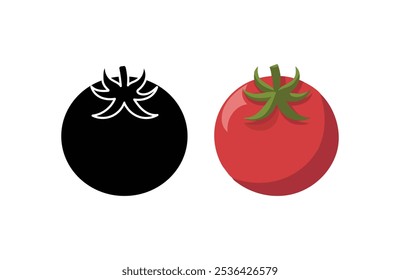 Vector illustration of a red tomato isolated on white , Tomato vector. Tomato on white background. Tomato vector in cartoon style, Cartoon vegetable icon, black silhouettes