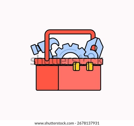 Vector illustration of a red toolbox filled with hand tools including hammer, pliers, and gear. Hand drawn outline design in cartoon style, perfect for construction, repair, DIY, mechanic