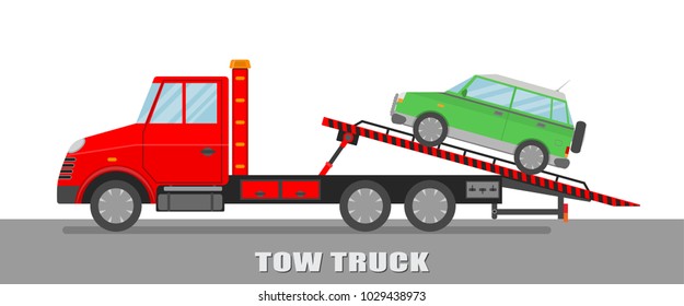 Vector illustration. Red tow truck with green car.