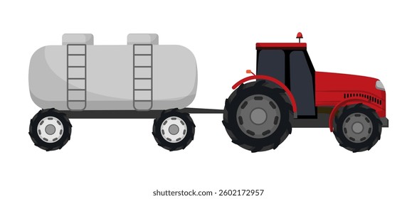 Vector illustration of a red tractor pulling a large tank trailer for agricultural use, isolated on white.