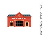 Vector illustration of a red train station building with large arched windows and a signboard, ideal for travel and transportation concepts.