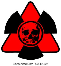 Vector illustration red triangle radiation sign and grunge skull