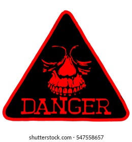 Vector illustration red triangular sign with lettering danger and abstract skull