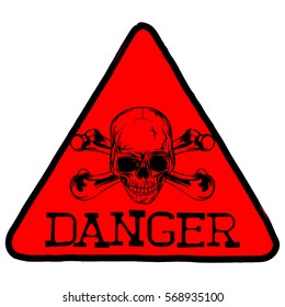 Vector illustration red triangular sign with lettering danger and skull with crossed bones