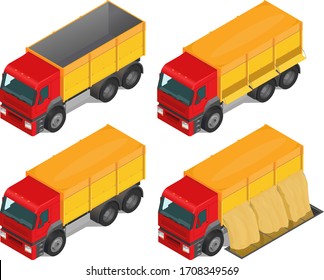 Ilustración vectorial de un grano de transporte de coche rojo, conjunto, isométrico