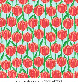 vector illustration. red tulip fields on sky blue background seamless repeat pattern. best for textiles, packaging and apparels.