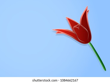 Vector illustration, red tulip flower in paper cut style on blue background with space