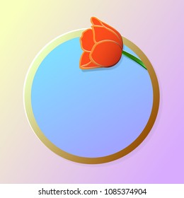 Vector illustration, red tulip flower in paper cut style in blue empty circle on yellow with pink background with space