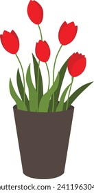 Vector illustration of red tulips bouquet in grey vase