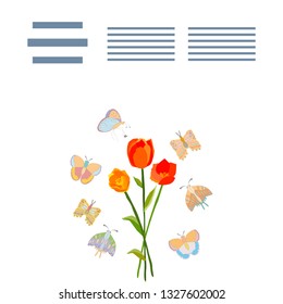 Vector illustration with red tulips and cartoon butterflies. Text frame. Isolated on white background.