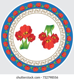 Vector illustration. Red tulips in a circle. 