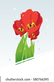 Vector illustration of red tulips on a gently background with a ribbon for congratulating on a holiday. Place for your text.