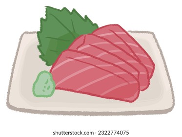 Vector illustration of red tuna sashimi, perilla, and wasabi on a plate