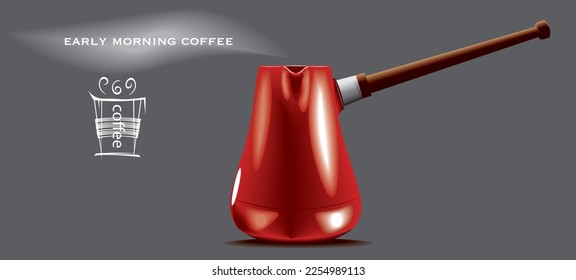  vector illustration with a red Turkish style ceramic coffee maker, early morning coffee.