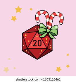 Vector illustration of red twenty sided dice in christmas style with lollipops, green bow and stars on pink background